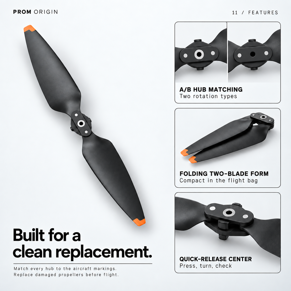 Folding quick-release propeller showing the two hub groups and compact blade form.