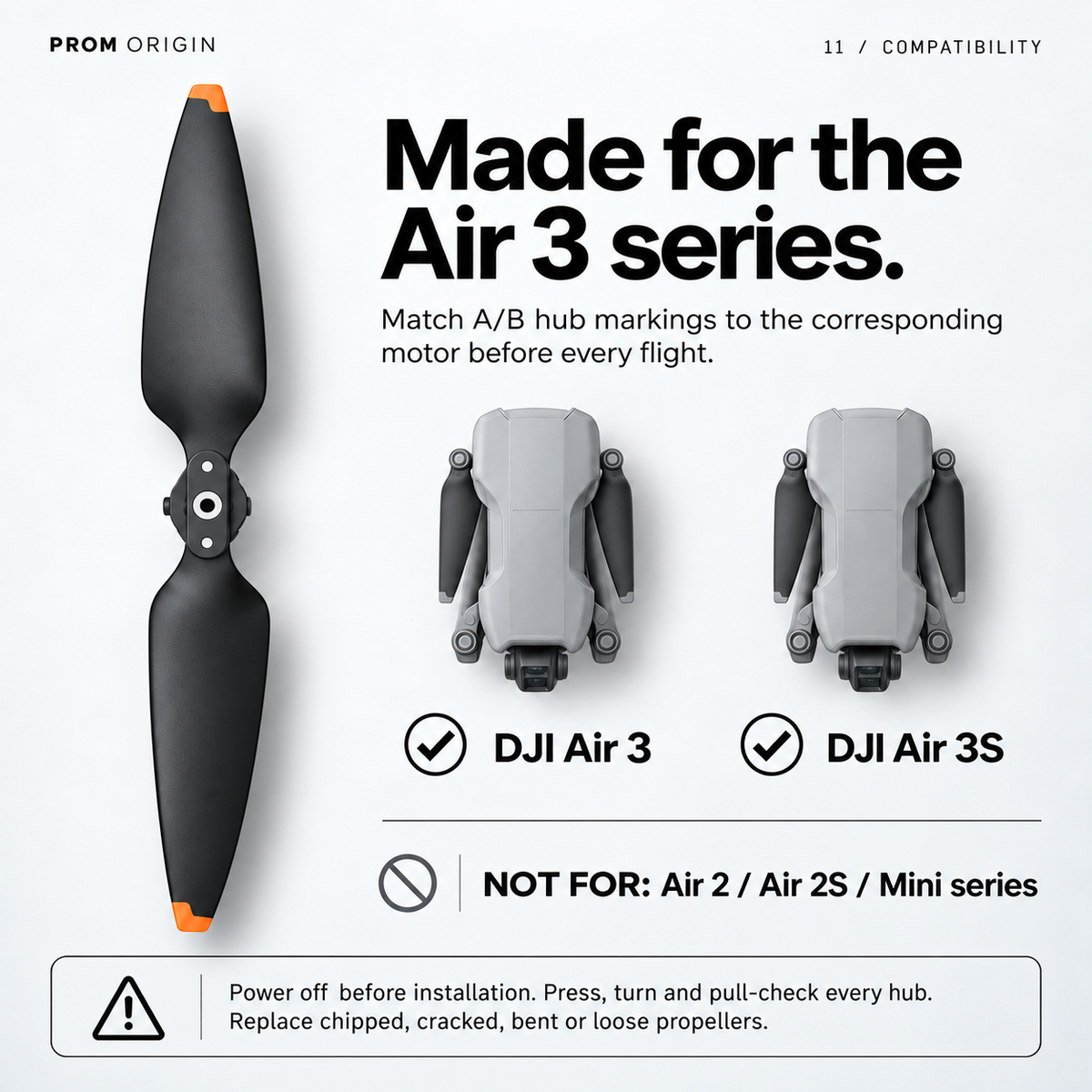 Compatibility guide for DJI Air 3 and Air 3S with A/B hub matching and pre-flight inspection reminder.