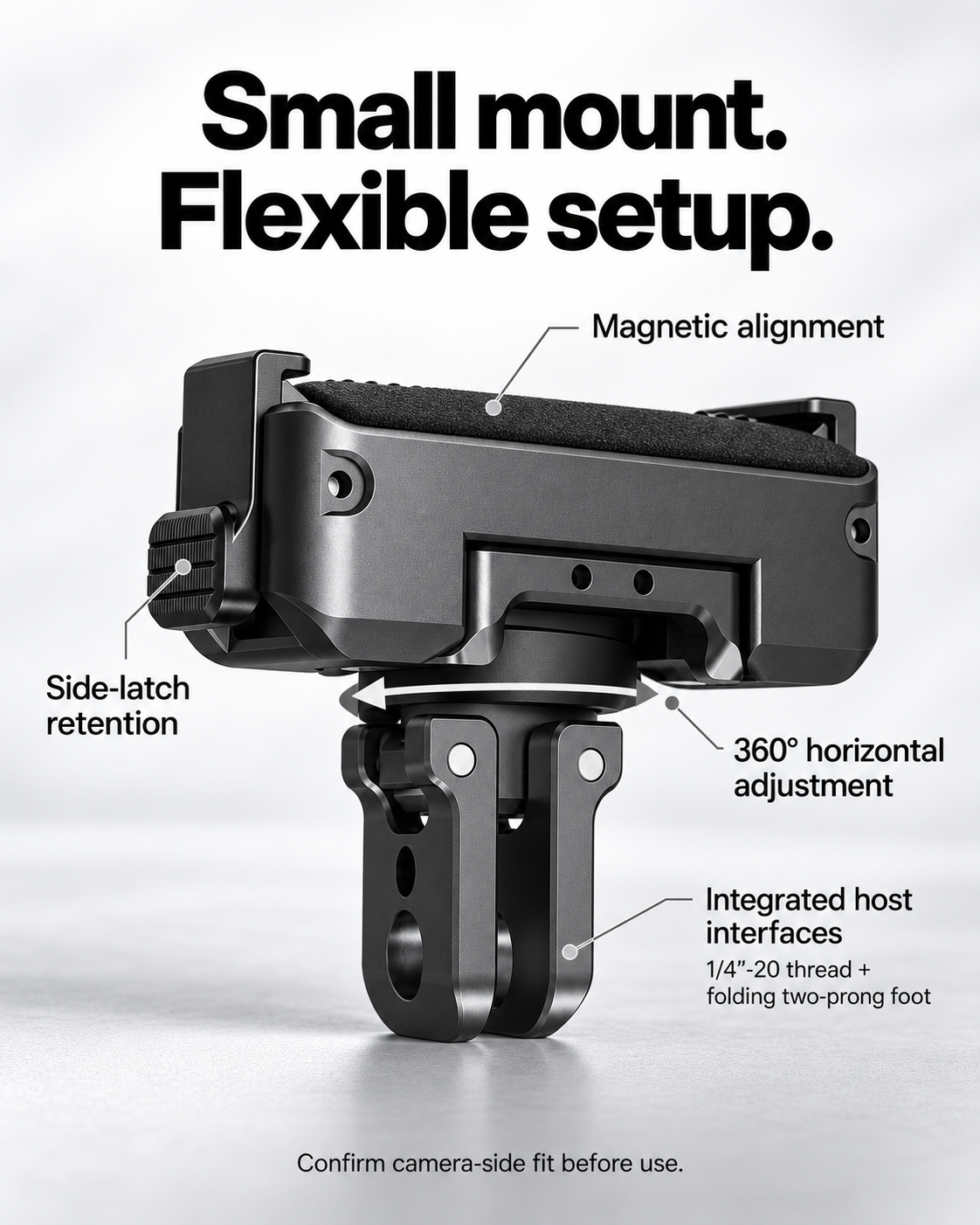 Magnetic alignment, side-latch retention, horizontal rotation and integrated host interfaces on one compact mount.