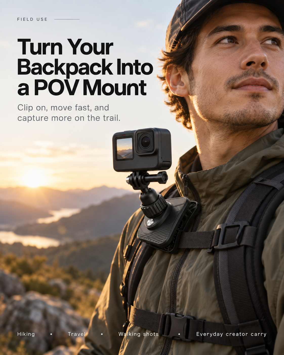 Creator Magnetic Backpack Clip in use on a backpack shoulder strap for hiking, travel and walking-shot POV capture.