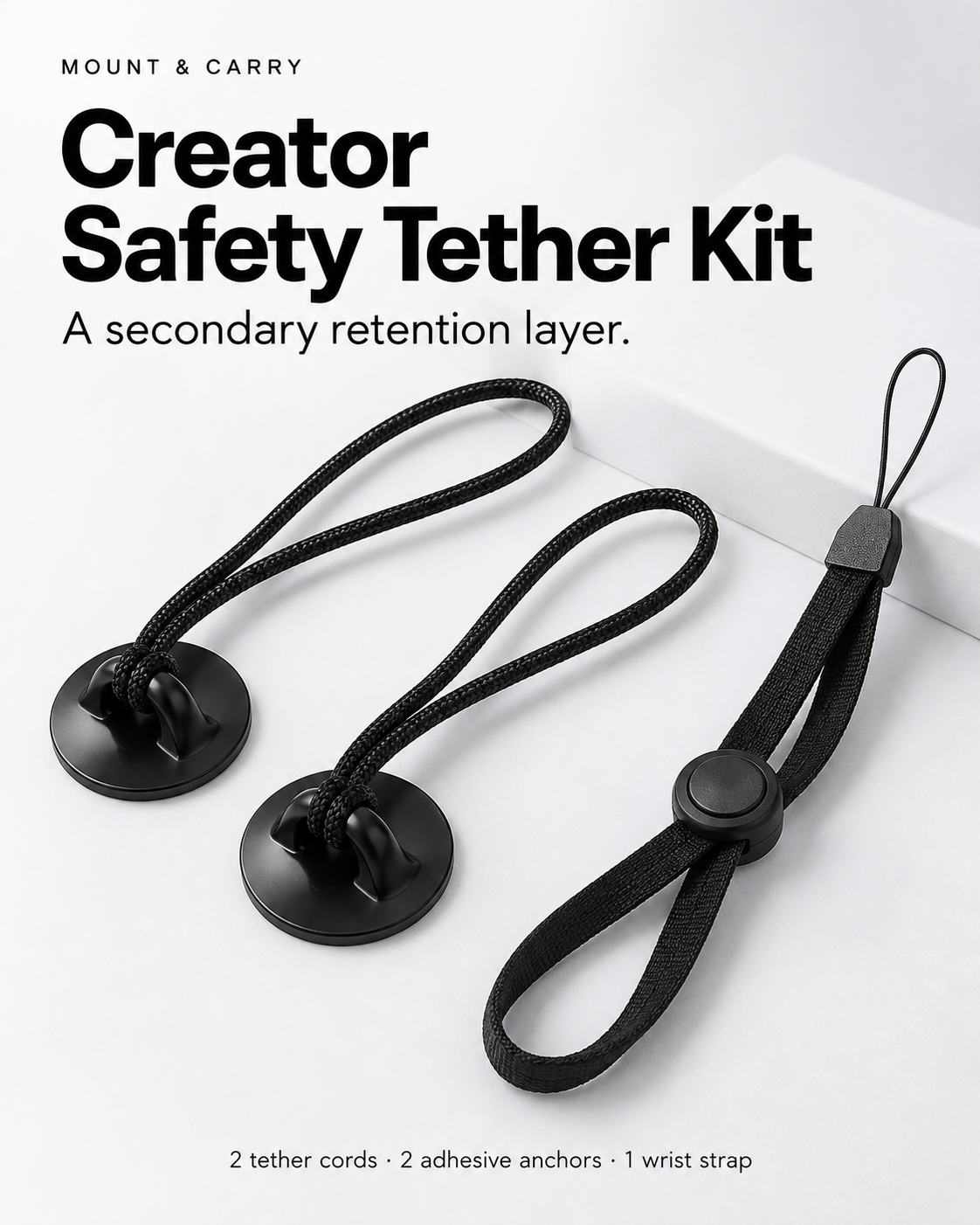 Creator Safety Tether Kit with two black braided cords, two round adhesive anchors and one adjustable wrist strap.