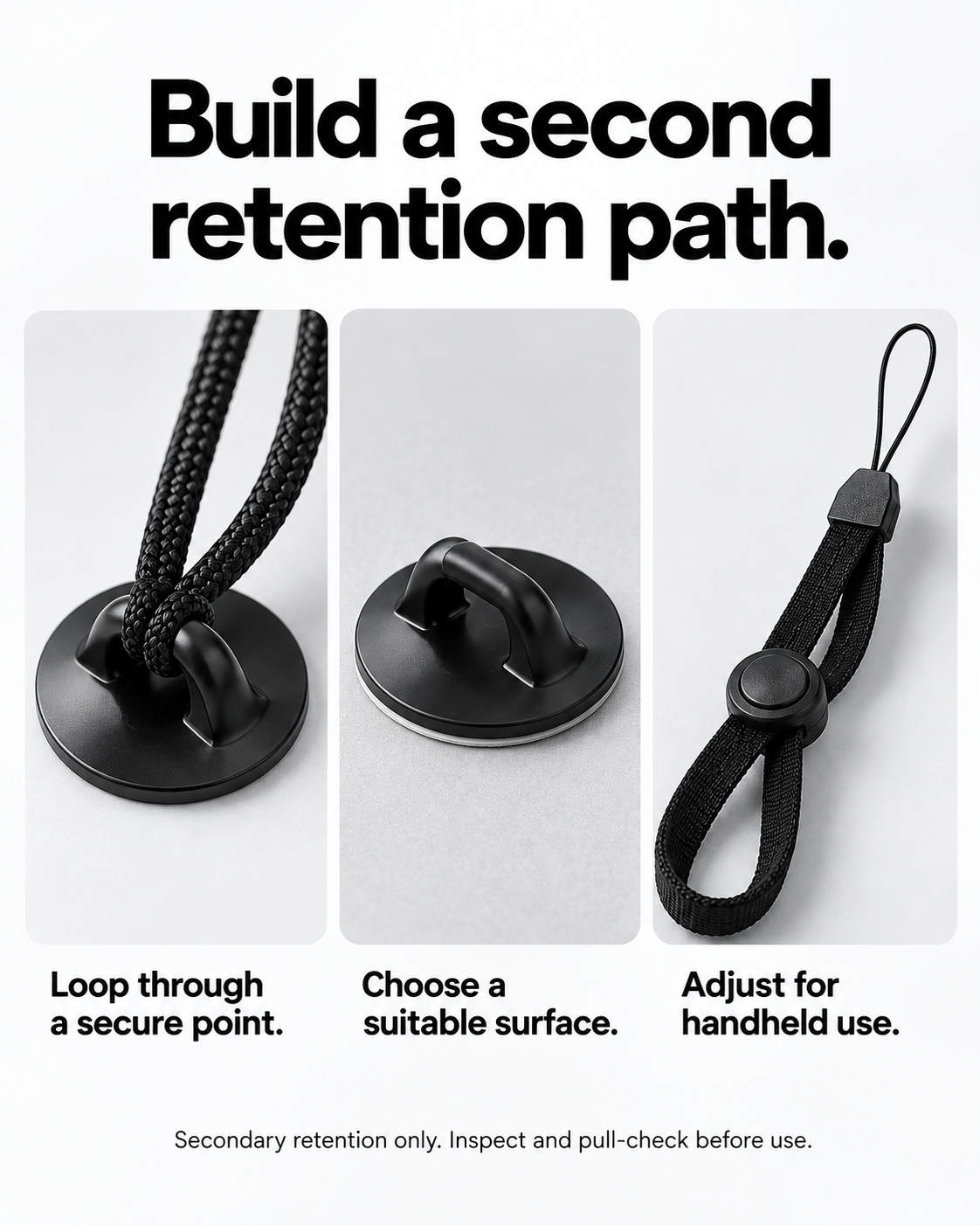 Safety tether kit details showing a loop cord, adhesive anchor and adjustable wrist strap, with secondary-retention guidance.