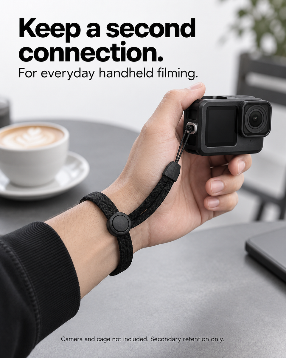 Hand securely holding a camera with the adjustable wrist strap attached to a cage tether eyelet; camera and cage not included.