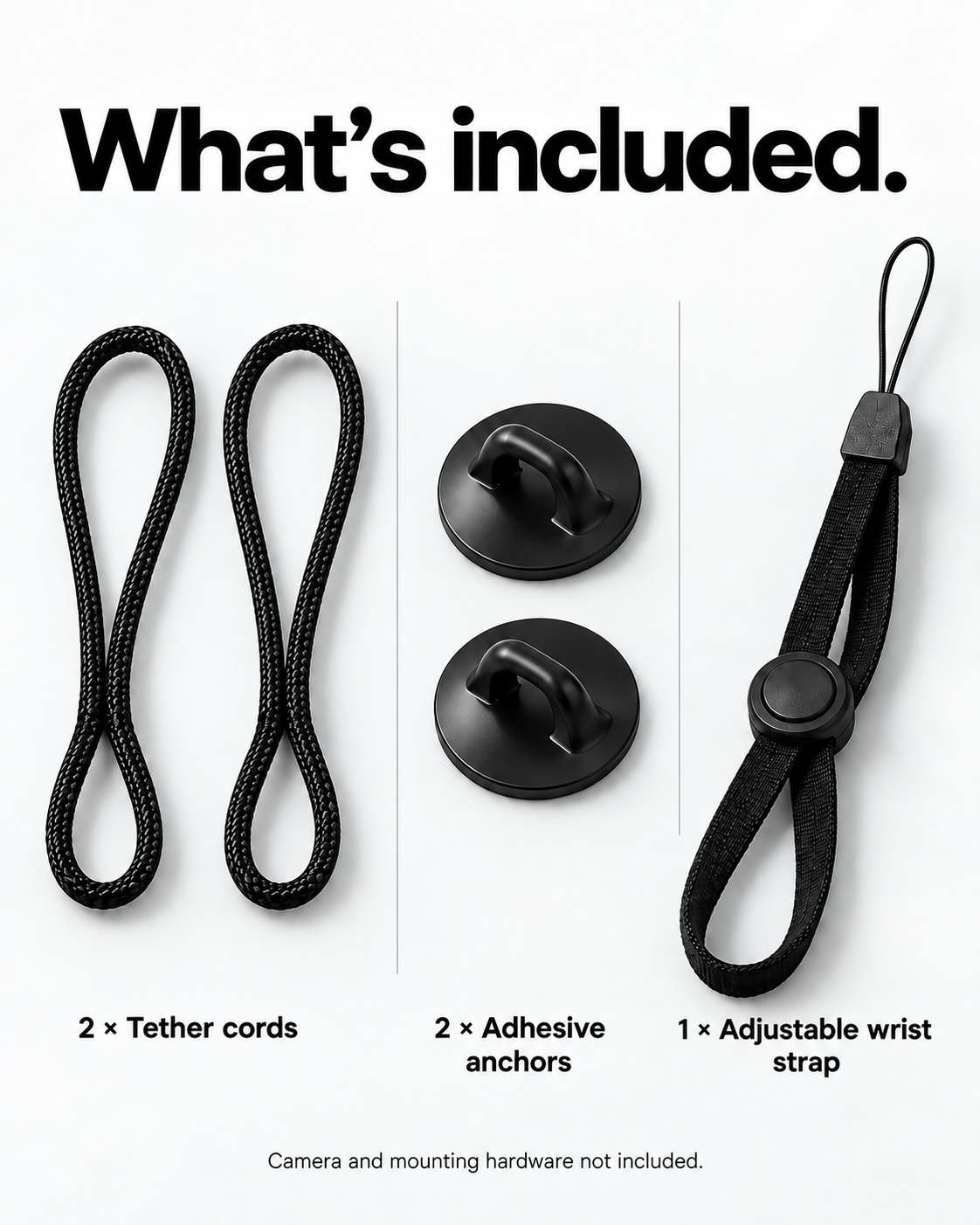 Kit contents: two braided tether cords, two round adhesive anchors and one adjustable wrist strap.