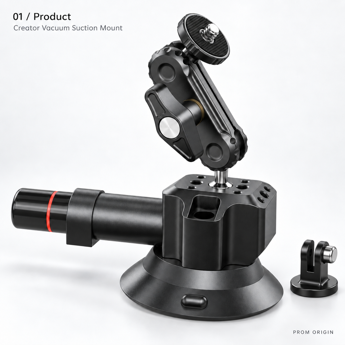 Unbranded black three-inch manual vacuum suction mount with short articulating arm, one-quarter-inch-20 screw and separate two-prong adapter.