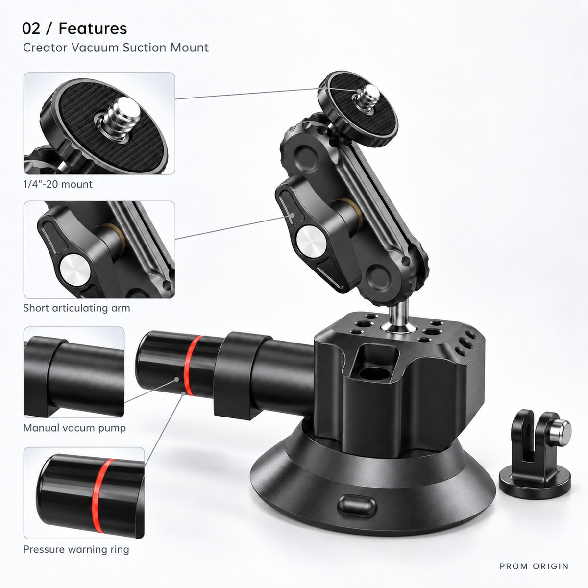 Feature details: manual pump, red pressure-warning ring, one-quarter-inch-20 mount and short articulating arm.