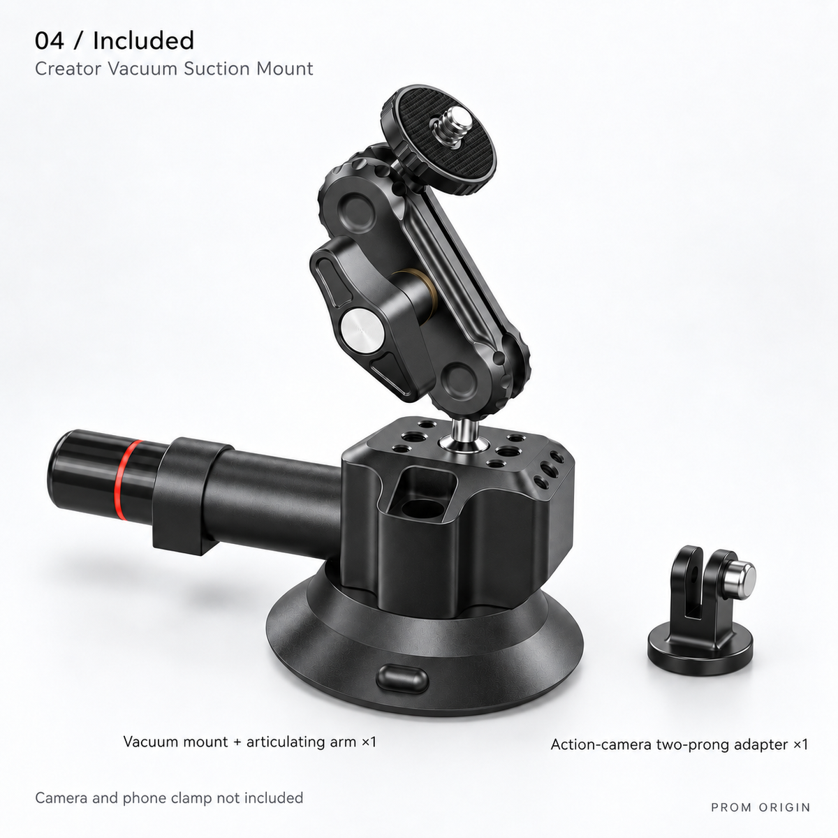 Included: one assembled vacuum mount with articulating arm and one two-prong action-camera adapter; camera and phone clamp not included.