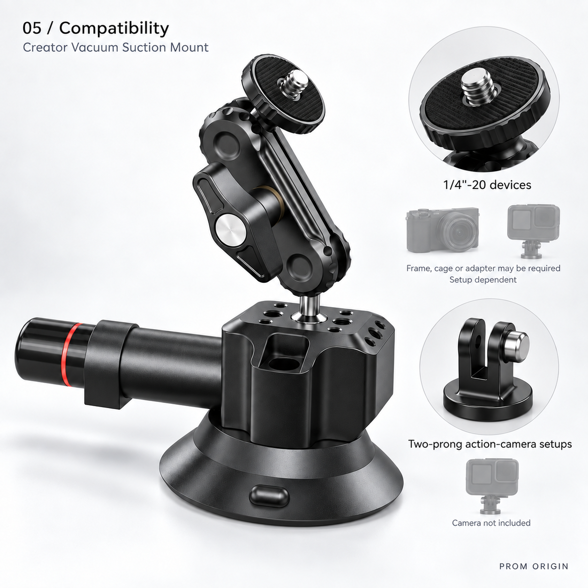 Compatibility: one-quarter-inch-20 devices and two-prong action-camera setups; frame, cage or adapter may be required.
