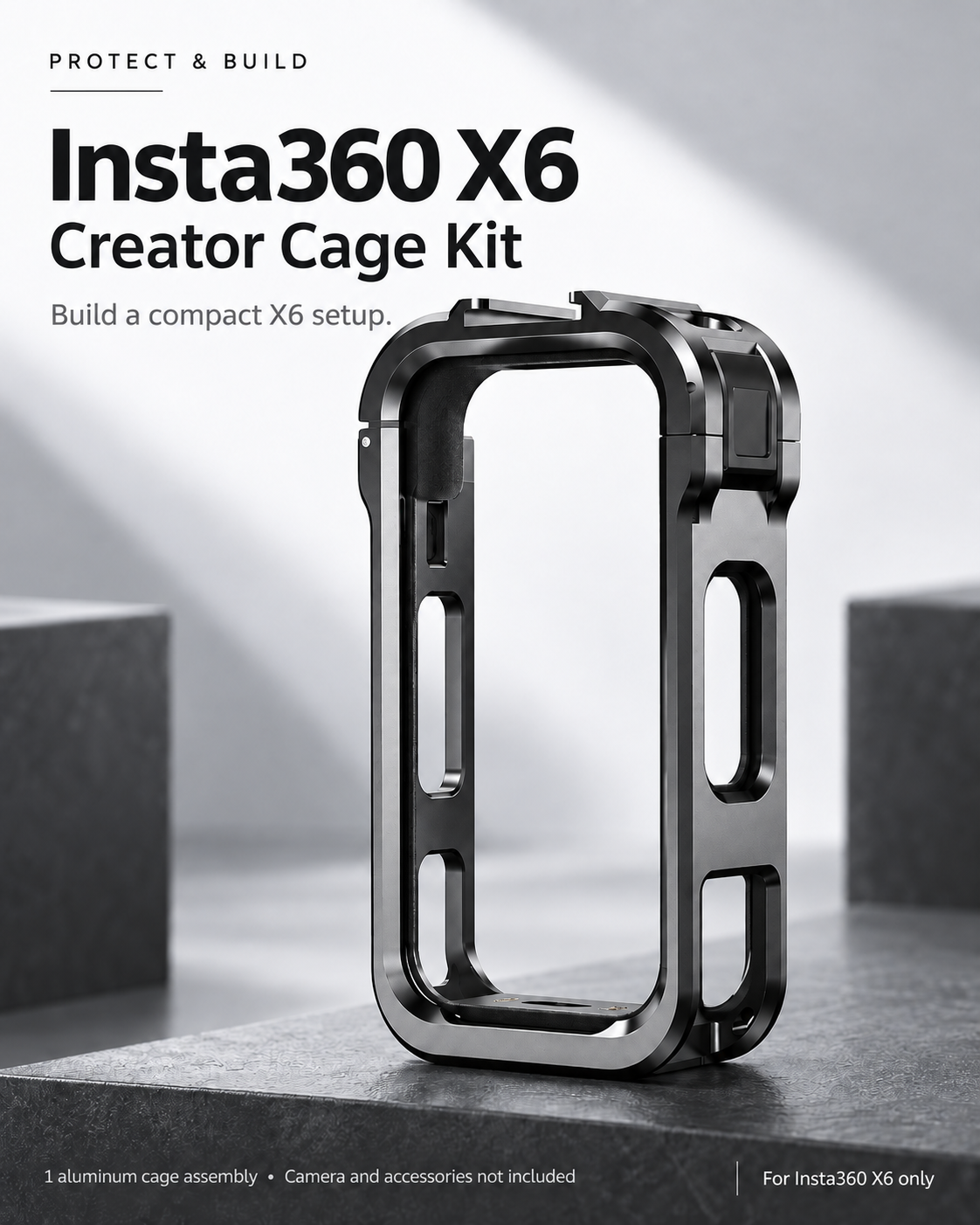 Empty graphite aluminum cage designed for Insta360 X6, with integrated black closure and open side access cutouts.