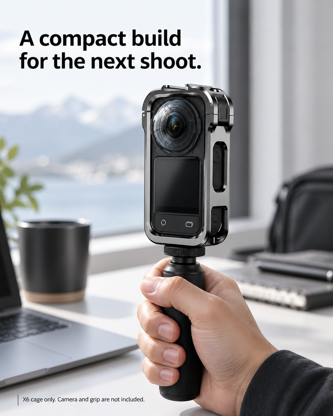 X6 camera in the graphite cage on a handheld grip; camera and grip are not included.