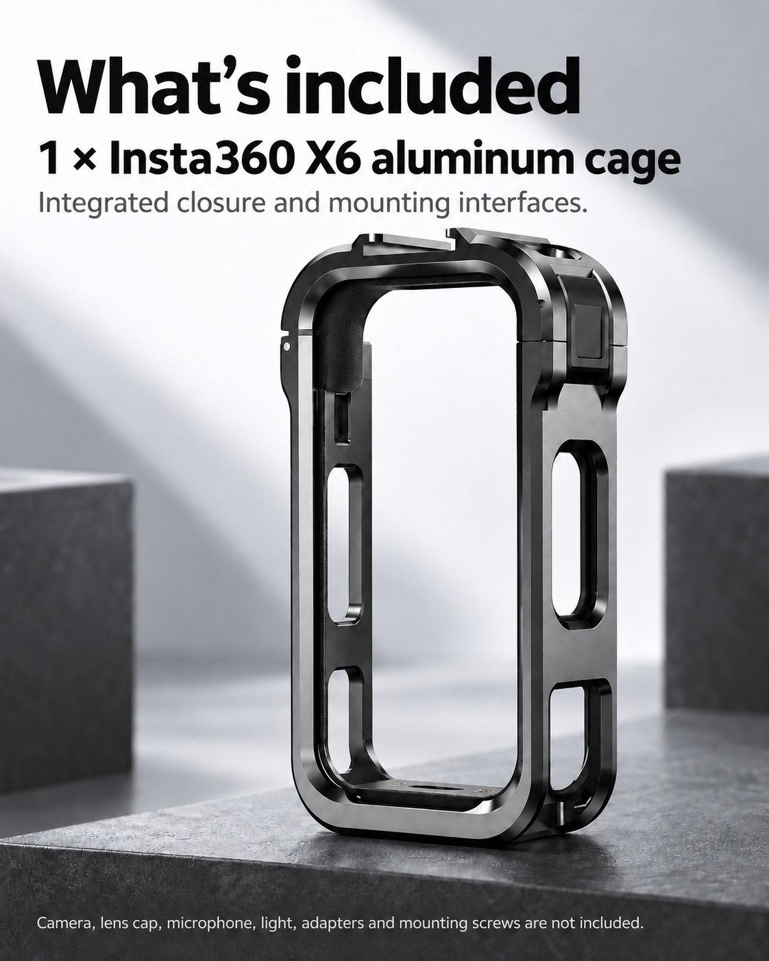 Included: one Insta360 X6 aluminum cage assembly with integrated closure and mounting interfaces.