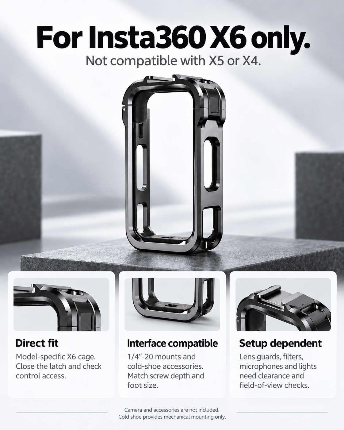 X6-only cage compatibility guide; X5 and X4 excluded, with separate accessory clearance checks.