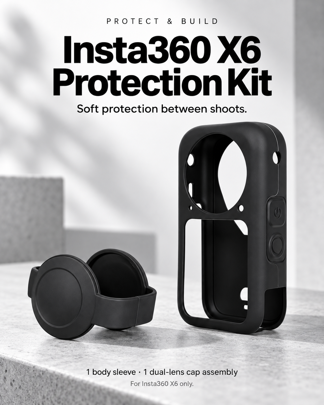 Black Insta360 X6 silicone body sleeve beside one connected dual-lens protective cap assembly.