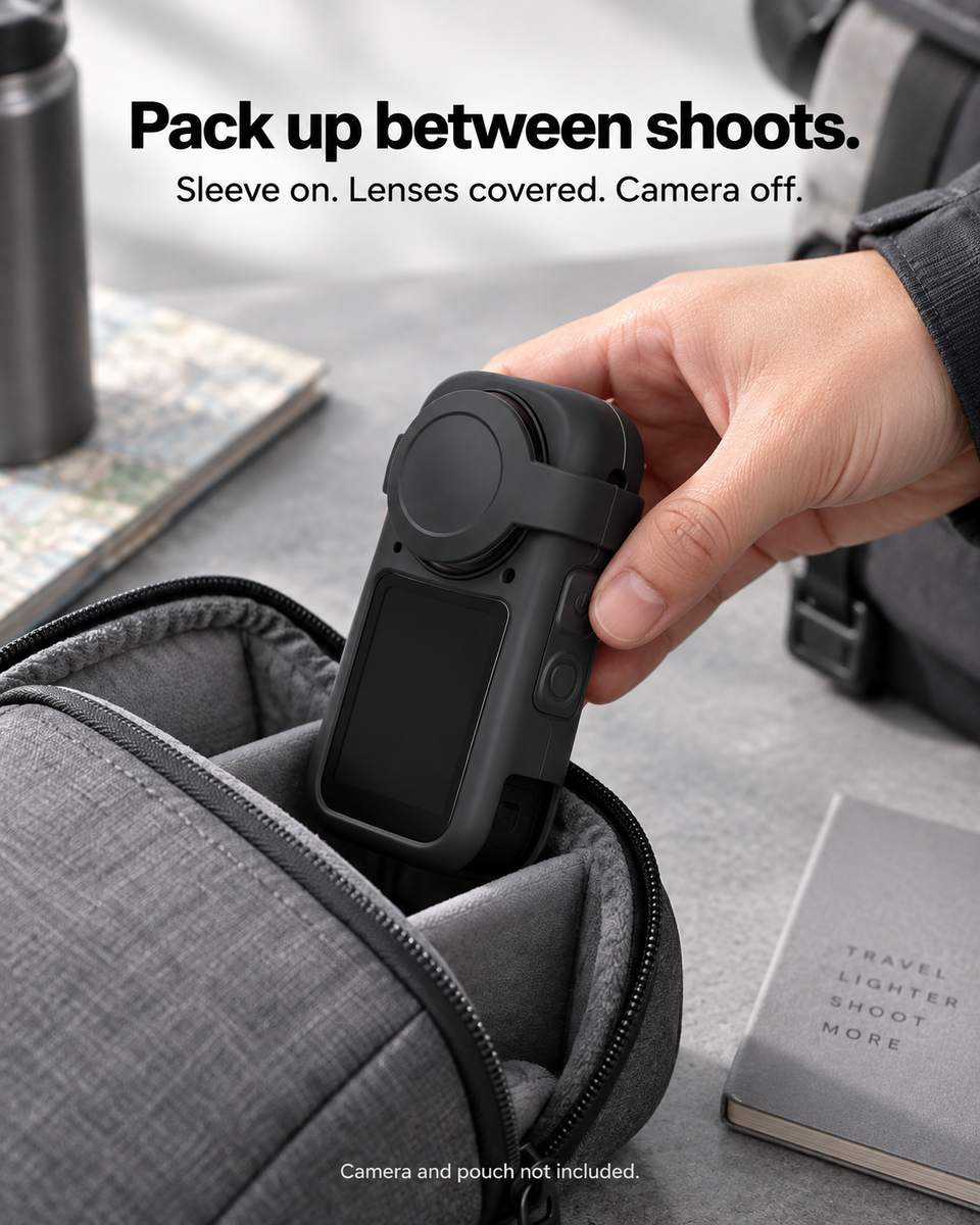 Powered-off X6 with silicone sleeve and lens cap in a travel bag; camera and bag are not included.
