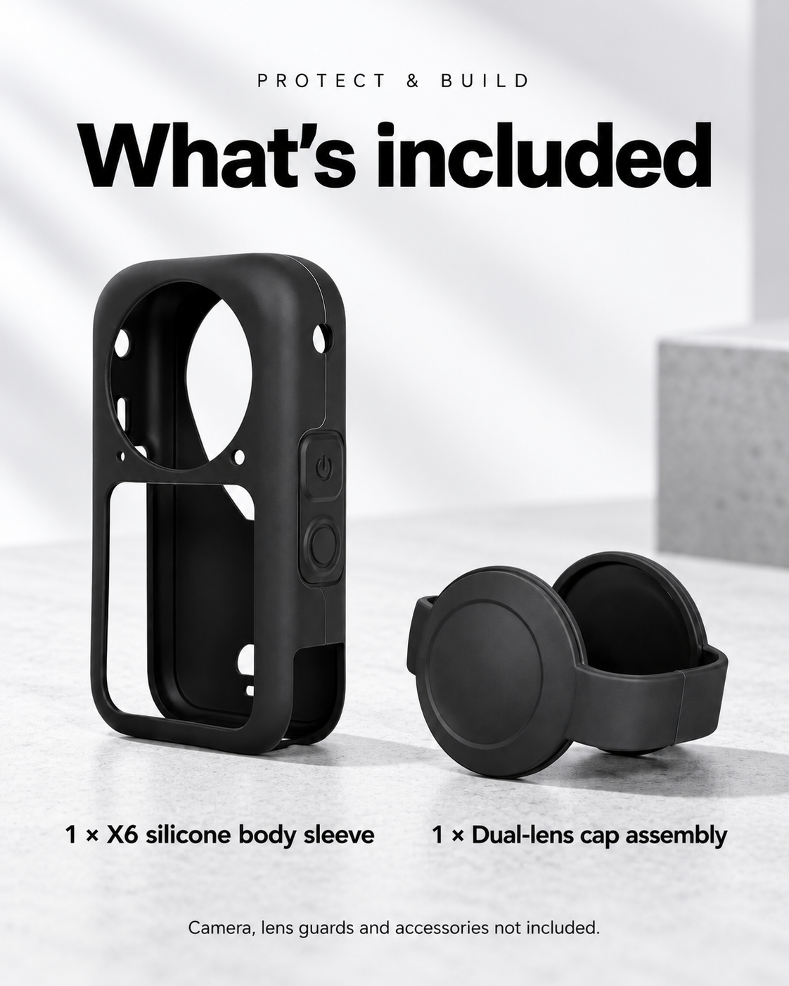 Included parts: one black X6 silicone body sleeve and one matching dual-lens protective cap assembly.