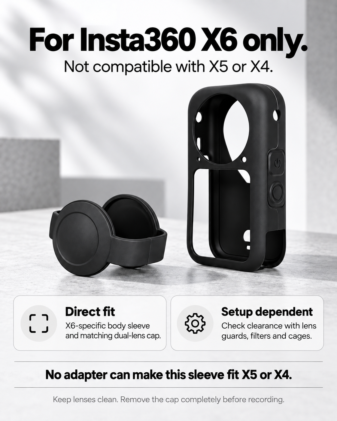 X6-only fit guide: X5 and X4 excluded; lens guards, filters and cages require a clearance check.