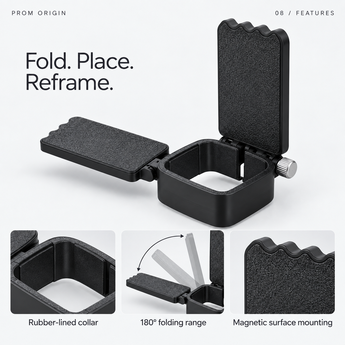 Luna mount rubber-lined collar, 180-degree hinge and magnetic surface features