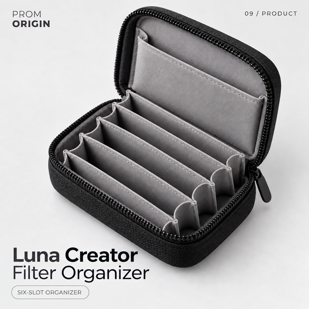 Luna Creator Filter Organizer with six soft slots in a semi-hard zip case.