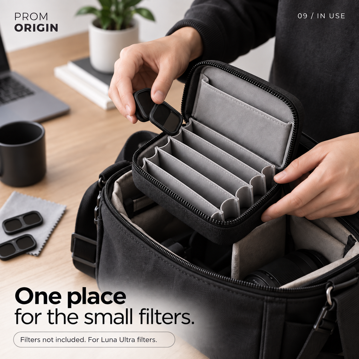 Six-slot organizer used with small rounded-rectangle Luna Ultra filters in a camera bag; filters not included.