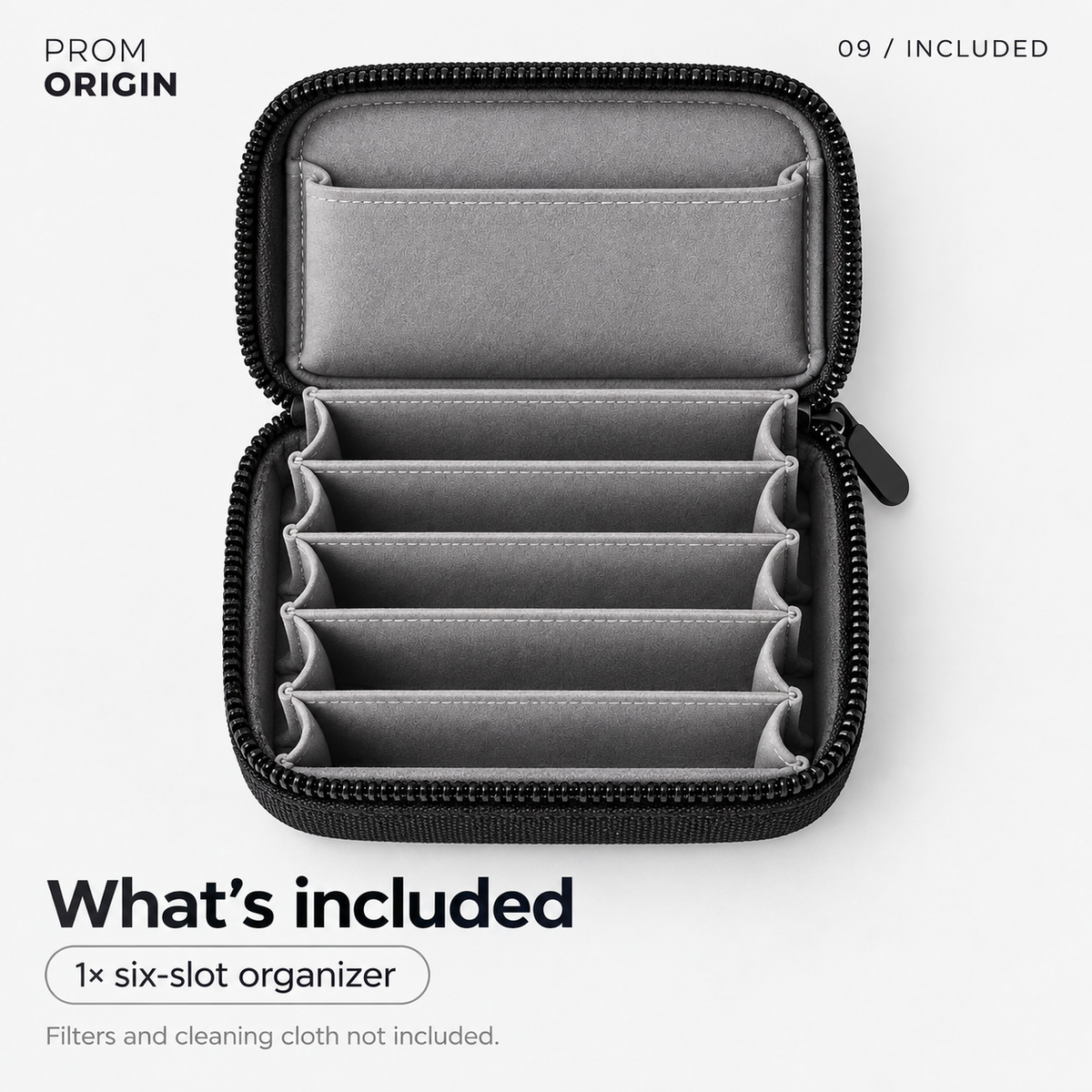 One empty six-slot filter organizer; filters and cloth not included